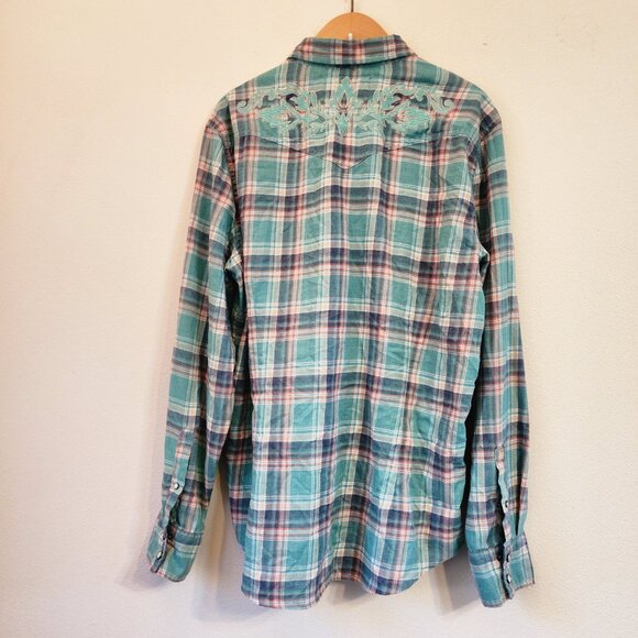 Vtg GUESS Pearl Snap Western Button Up Long Green Plaid Embroidered Men Xl - Picture 2 of 16